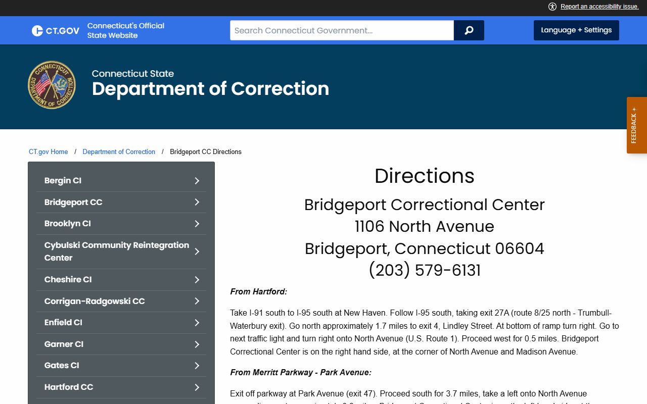 Bridgeport Correctional Center directions for Stratford inmate visits