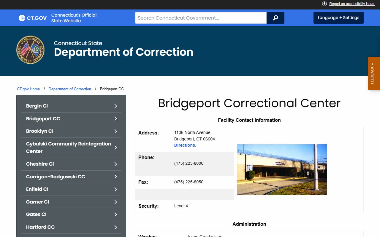 Bridgeport Correctional Center inmate facility page for Stratford custody lookup