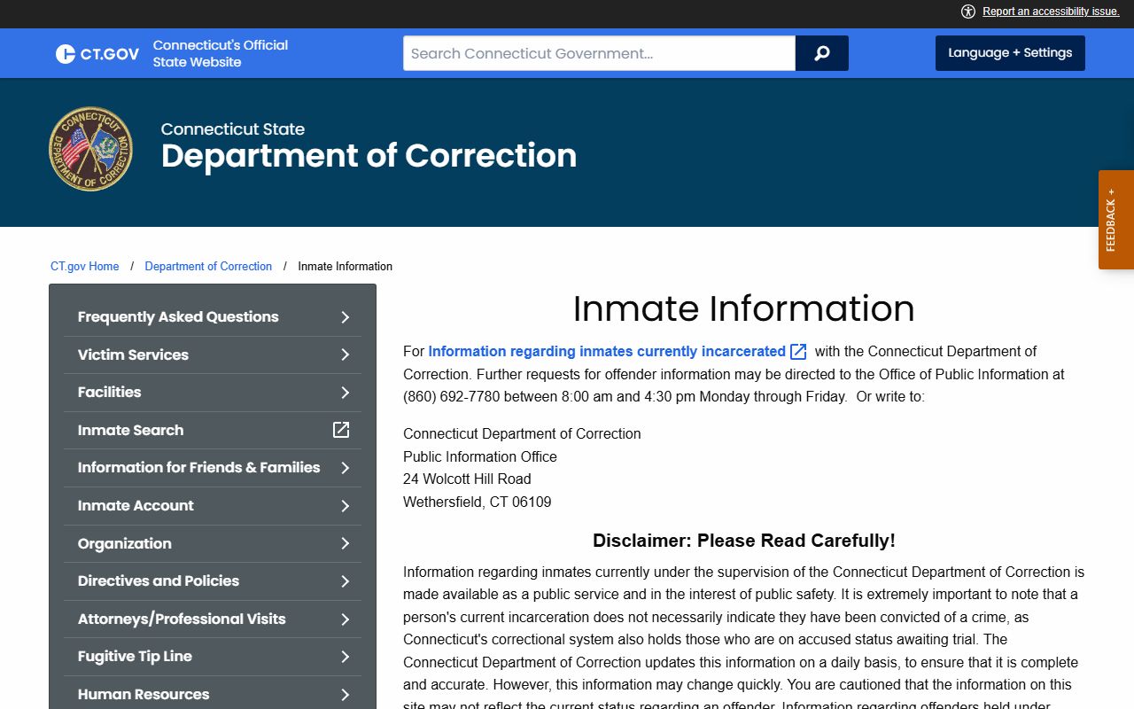 CT DOC inmate information page for York Correctional Institution inmate search