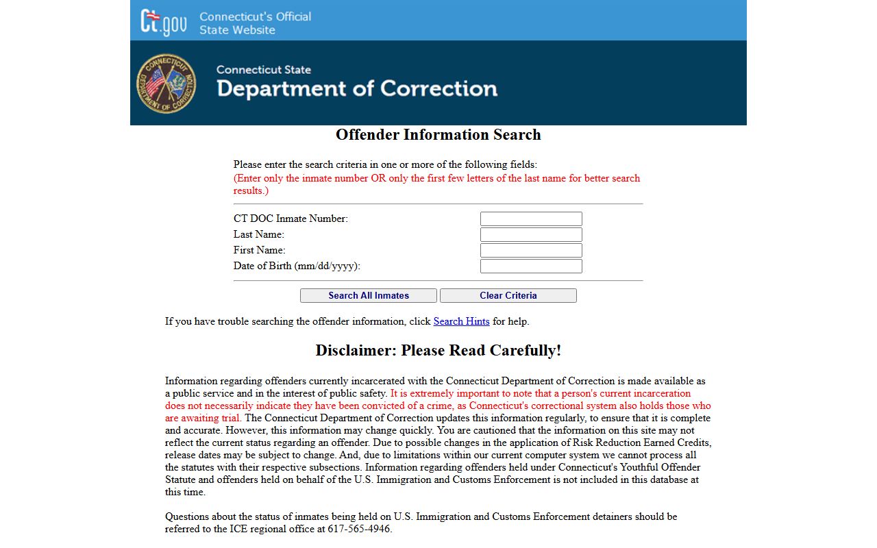 Stratford County inmate records CT DOC inmate search portal