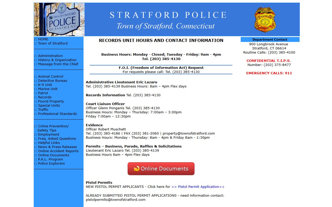 Stratford Police Records Unit fresh arrest and FOI records contact page
