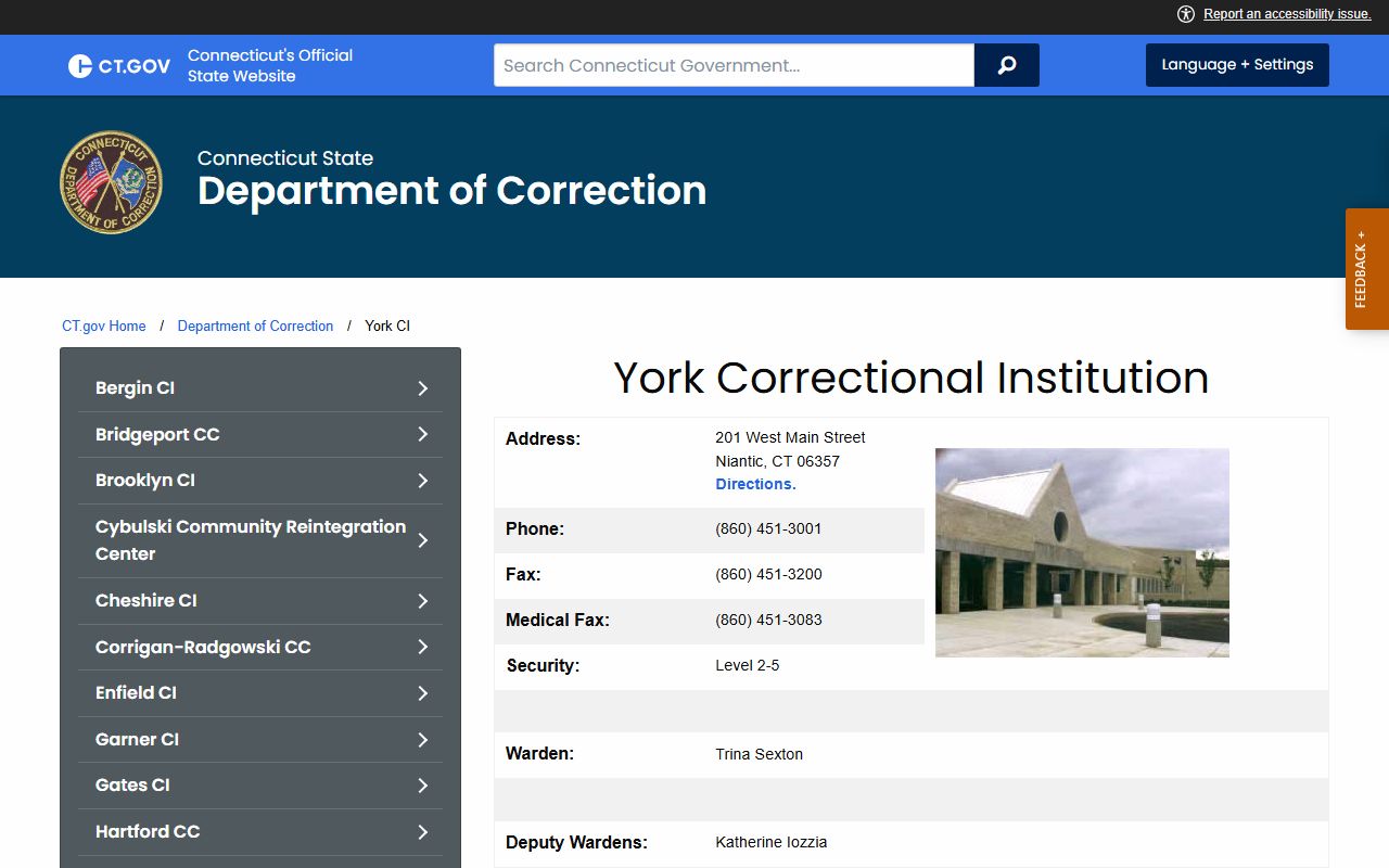 York Correctional Institution inmate search page for female Stratford custody